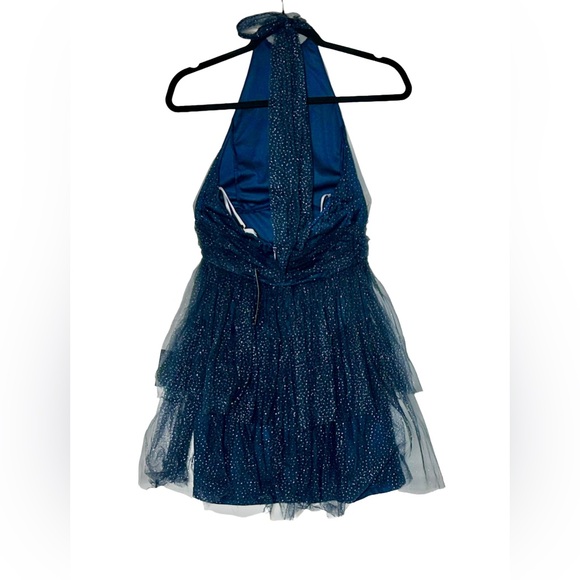 NWT Lulus Sweet Magic Navy Blue Glitter Tiered Tulle Halter Mini Dress, Medium - Picture 6 of 14